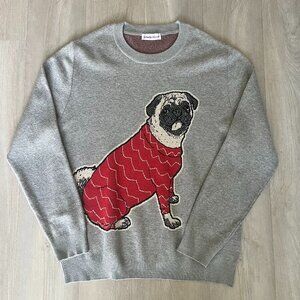 Sweater Hound Mens Dog Crewneck Knitted Sweater Size Lg Pug Animal Design Casual